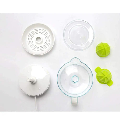 BXFirs Electric Masticating Juicer For Citrus Fruits Lemon Orange Grapefruit Press With Easy Clean Spout 45W Squeezer Machine parts including strainer and containers.
