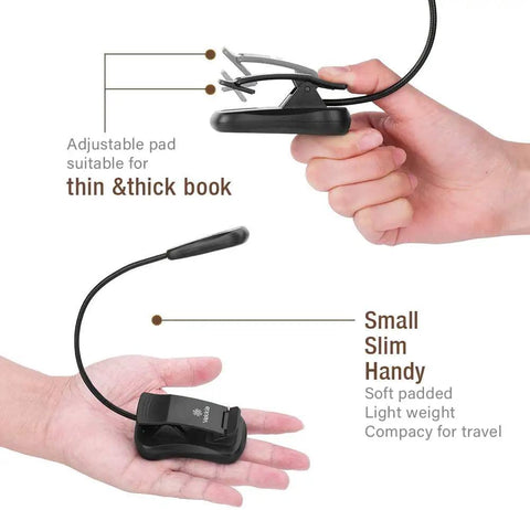 Clip-On Reading Light for Books in Bed, Car and Travel, 3000K Warm LED, small and handy in hand display