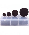 Round Self Adhesive Felt Furniture Pads For Hardwood Floors in assorted sizes on clear storage box, brown felt surface.