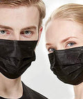 Two people wearing 3 Ply Black Disposable Face Mask Pack Of 100 With Non Woven Fabric, Comfortable Elastic Earloops for daily protection
