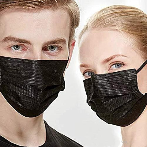 Two people wearing 3 Ply Black Disposable Face Mask Pack Of 100 With Non Woven Fabric, Comfortable Elastic Earloops for daily protection