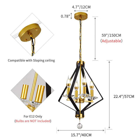 4 Light Lantern Chandelier in Black and Gold with a dope mid century geometric square cage pendant, adjustable height