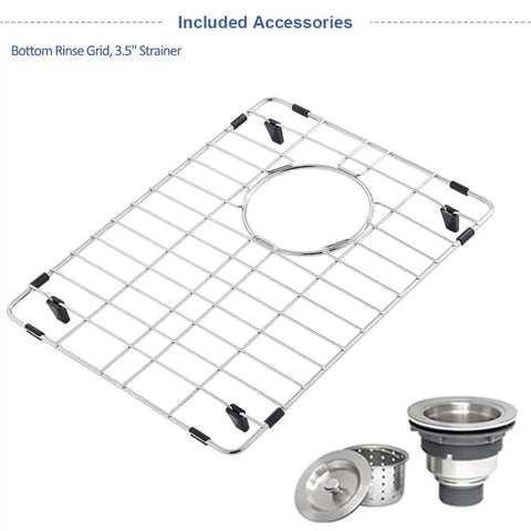 12 Inch Bar Sink Undermount For Small Kitchens And RVs 16 Gauge Stainless Steel Single Bowl Wet Bar Sink With Bottom Grid And Drain Assembly, showing included accessories: bottom grid and 3.5 inch strainer