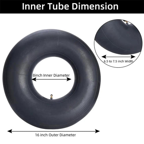 2-Pack Heavy-Duty Inner Tubes 16x6.50-8 And 16x7.50-8 With TR-87 Bent Valve Stem, dimensions shown, for Lawn Mowers, Tractors, Wheelbarrows.