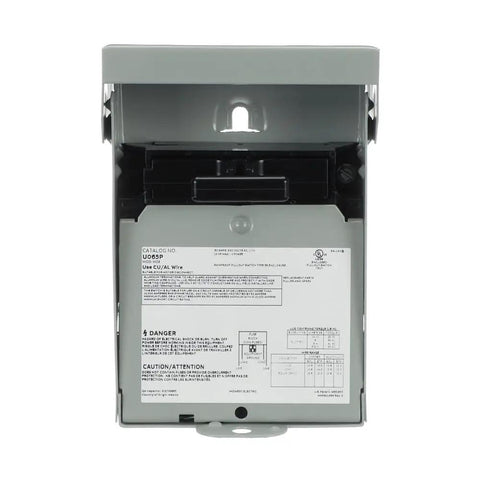 Front view of Weatherproof Non-Fusible AC Disconnect Switch 60A 240V 1-Phase Metal Enclosure N3R Outdoor Grade