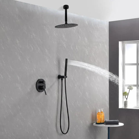 Shower System, 10" Rain Head, Handheld, Matte Black with Rough-In Valve, featuring water spraying from the handheld nozzle.