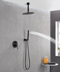 Shower System, 10-Inch Ceiling-Mount Rain Head and Handheld, Matte Black with water flow from handheld spray in bathroom.