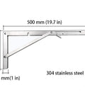 Premium 304 Stainless Steel Folding Shelf Brackets Triangle Wall Mounts displayed with dimensions for DIY shelving projects.