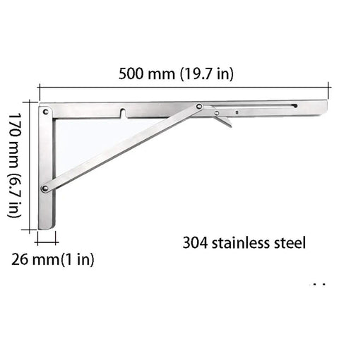 Premium 304 Stainless Steel Folding Shelf Brackets Triangle Wall Mounts displayed with dimensions for DIY shelving projects.