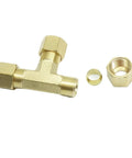 Brass compression T-fitting (union tee) for 5/16 in tube OD; three male threaded ends with nuts, angled view.
