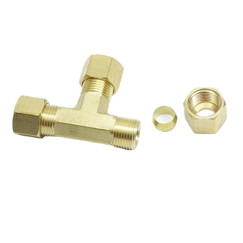 Brass compression T-fitting (union tee) for 5/16 in tube OD; three male threaded ends with nuts, angled view.