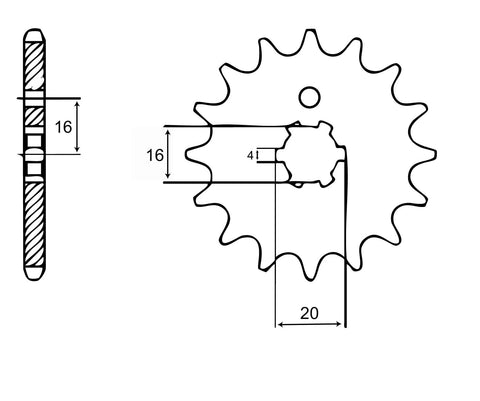 Technical diagram of front sprocket from 420 Chain Sprockets And Chain Kit For Kawasaki KX85 2001 2024