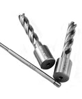 Angled view of two steel 7/16 in annular cutters with 2 in depth, 3/4 in Weldon shanks and pilot pin for magnetic drill press