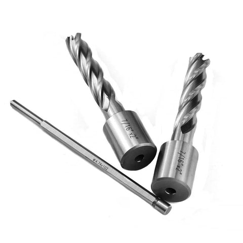 Angled view of two steel 7/16 in annular cutters with 2 in depth, 3/4 in Weldon shanks and pilot pin for magnetic drill press