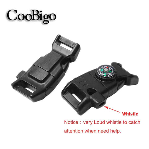 Twelve Piece Survival Paracord Bracelet Kit With Compass Flint Fire Starter Whistle Buckle in plastic for camping gear.