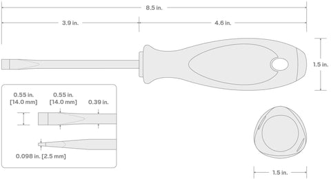 Technical drawing of 14 mm Slotted Screwdriver With 4 Inch Shank Ergonomic Round Front Handle And Tri Lobed Grip For Instant Turn And Strong Torque.
