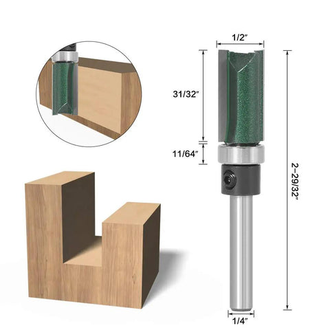 Four Piece Straight Router Bit With Bearing For Flush Trim And Grooving, One Quarter Inch Shank, top view measurements
