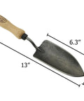 Two Piece Forged Garden Trowel Gift Set Includes Small And Large Trowels For Planting Digging Aerating And Weeding A Real Green Thumb Starter Kit Durable Dutch Made Hand Tools For The Gardener In Your Life. Side view of small trowel with dimensions.