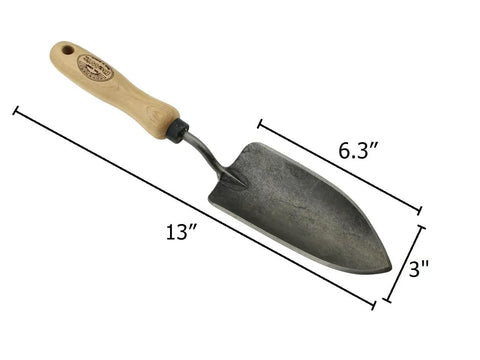Two Piece Forged Garden Trowel Gift Set Includes Small And Large Trowels For Planting Digging Aerating And Weeding A Real Green Thumb Starter Kit Durable Dutch Made Hand Tools For The Gardener In Your Life. Side view of small trowel with dimensions.