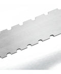 Close-up of notched guitar neck straight edge ruler for fretboard relief and neck curvature check aluminum precision gauge.