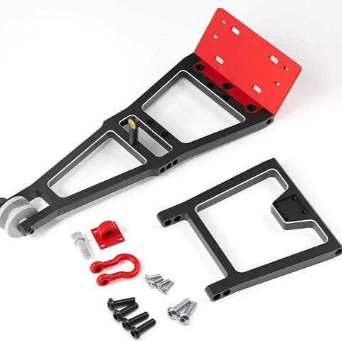 Aluminum Tow Crane Arm Wrecker Kit for RC Crawlers and Trailers with parts laid out, featuring adjustable height and tilt components.
