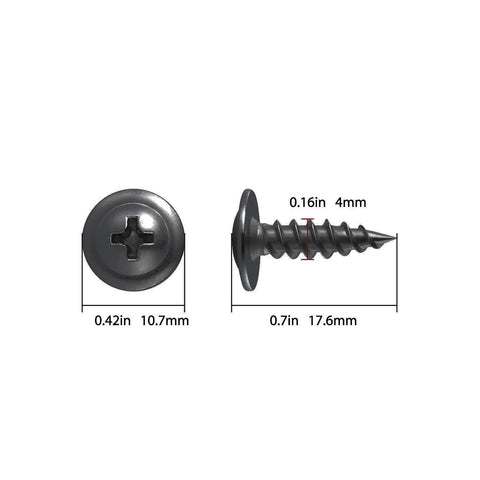 Heavy Duty 350 Piece Size 8 X 5/8 Inch Black Truss Head Wood Screws Self Tapping Carbon Steel Fasteners shown from top and side view.
