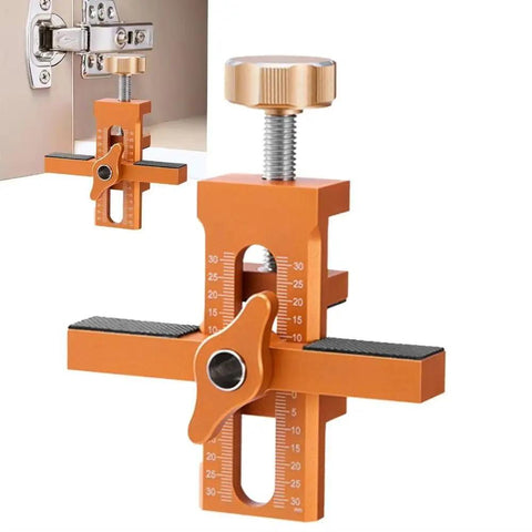 Adjustable Wardrobe Cabinet Door Panel Installer Jig for Easy Cabinet Frame Install Clamp, orange aluminum tool in use.