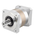 Heavy Hitter Right Angle Planetary Gearbox With Easy Swap Industrial Reduction Ratios Designed For 80 And 90 Millimeter Servo Motors Providing Ridiculously Smooth Rotation, compact design, silver finish.