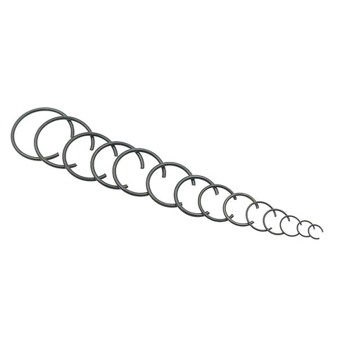 Pro Grade 310-Piece Round Wire C Clip Snap Ring Set, 14 Sizes For Holes 7mm To 30mm, Internal Retaining Rings Kit displayed in a line.