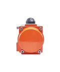 Front view of Heavy Duty Pneumatic Ball Valve Actuator Rigged For Precise 90 Degree Turns with orange casing and control knob.