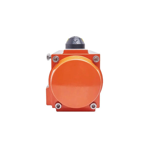 Front view of Heavy Duty Pneumatic Ball Valve Actuator Rigged For Precise 90 Degree Turns with orange casing and control knob.