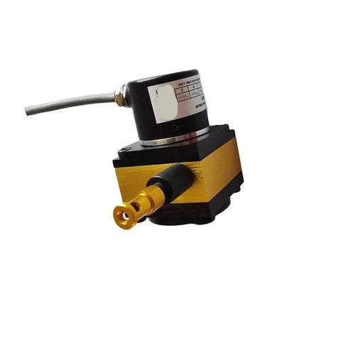 Side view of Pro-Grade Linear Position String Pot Sensor with 200mm tracking range and rotary potentiometer style, black and gold design.