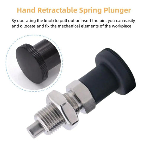 Heavy Duty Stainless Steel Spring Plunger With M12 Retractable Ball Nose Thumb Wheel and Easy Pull Knob, close-up view.