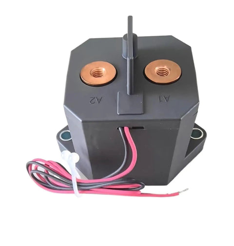 Top Shelf 400A DC Contactor Relay With 24 Volt Control Coil Plug And Play For EV Charging Cabinets with copper terminals and wires.