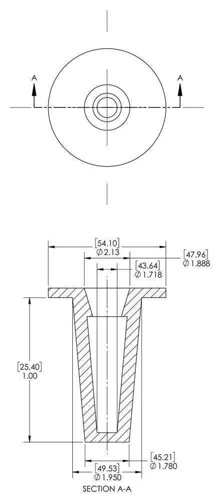 Caplugs T-20 T Series tapered plastic cap and plug; LD-PE, cap OD 1.718 in, plug ID 1.95 in, front and section view