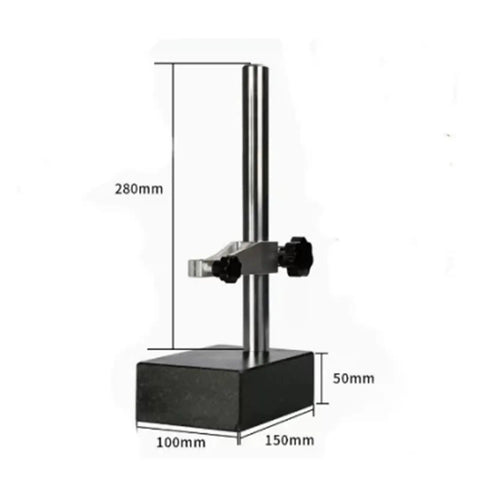 High Precision Granite Height Gauge With Marble Base Measuring Stand And Dial Indicator For Marble Platform Pro Grade Measuring Tool With Vernier Readings Locking Slide And Fine Adjustment For Accurate Measurements 100x150x50x280, showing side view.