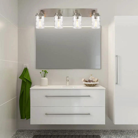 4-Light Vanity Light Fixture In Satin Nickel With Hammered Glass Shades For Over Mirror Wall Mount Indoor Lighting Bathroom