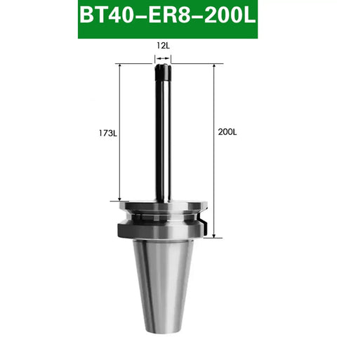 BT40 ER8 Collet Chuck Holder For CNC Machine with steel build, dimensions 200L x 12L, suitable for precision grinding.