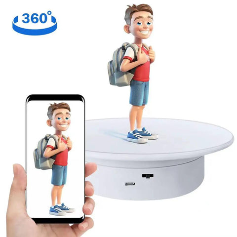 cexuw 360 Degree Electric Turntable For Small Product Display, 7.87 Inch diameter showing animated figure on stand.