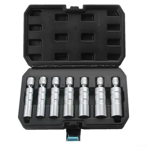 Spark Plug Socket Set 7 Piece 3/8 Inch Drive Magnetic Thin Wall Deep Sockets For Removal And Installation Includes 14mm 16mm 18mm 21mm 9/16 13/16 3/4 Steel Tool Kit With Storage Case open view
