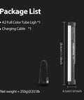 Magnetic RGB LED Light Wand Pro package contents with LED tube light and charging cable shown with dimensions and weight details.