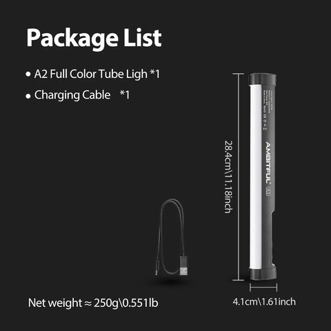 Magnetic RGB LED Light Wand Pro package contents with LED tube light and charging cable shown with dimensions and weight details.