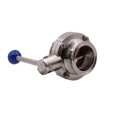 Angled front view of stainless steel sanitary butterfly valve with blue pull handle and tri-clamp ends, 1.5 in tube OD.