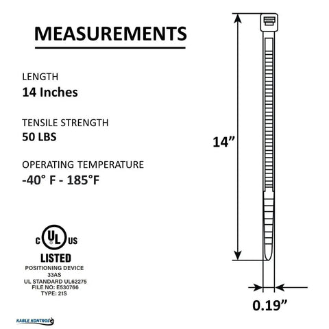 Heavy Duty 14 Inch Black Zip Ties 1000 Pack Self Locking UV Resistant Nylon Cable Ties 50 Lbs Tensile Strength diagram