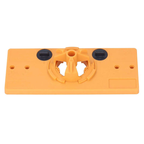 Yellow plastic 35mm hinge hole jig base for woodworking with central hole guide and side knobs