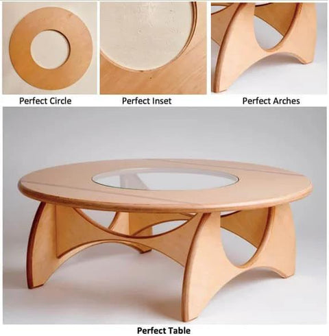 Wooden table with circular glass inset and arched legs, designed with precision cut circles using Circle Cutter Router Jig For Precise Circle Cutting From 7 To 52.75 Inches Includes Centering Disc And Pivot Pins Circle Guide Kit Fits Most Popular Routers With 184 Size Options For Fast, Accurate Round Cuts.