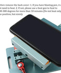 Phone secured in Lockable 360 Degree Rotary Back Glass Demolition Clamp, durable aluminum fixture for safe repairs, rubberized jaws visible.