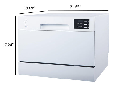 Compact Countertop Dishwasher Featuring A Slick Digital Interface And Six Heavy Duty Wash Cycles, 21.65" wide in crisp white.