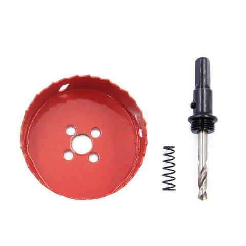 LAIWEI HSS hole saw with red 80mm disc, arbor, and spring
