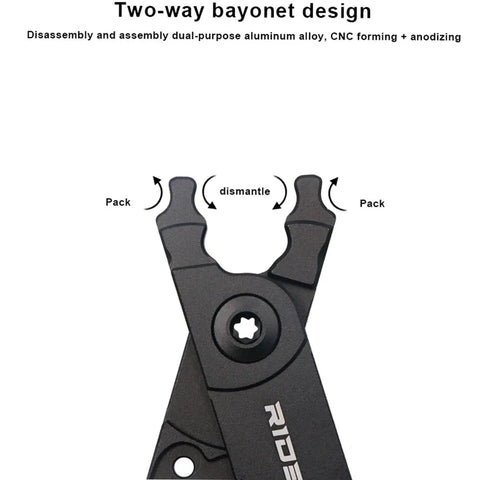 Close-up of Five In One Chain Link Pliers For Bicycles with two-way bayonet design, CNC machined aluminum, lightweight at 37 grams.